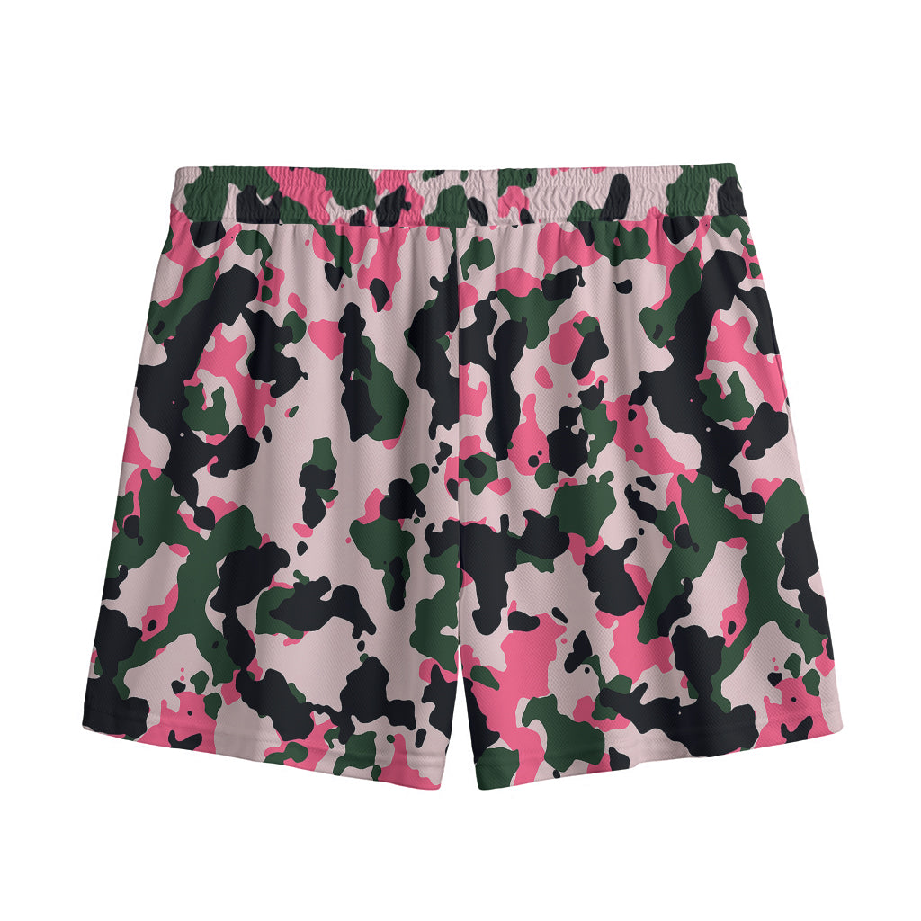 Pink Green And Black Camouflage Print Mesh Shorts