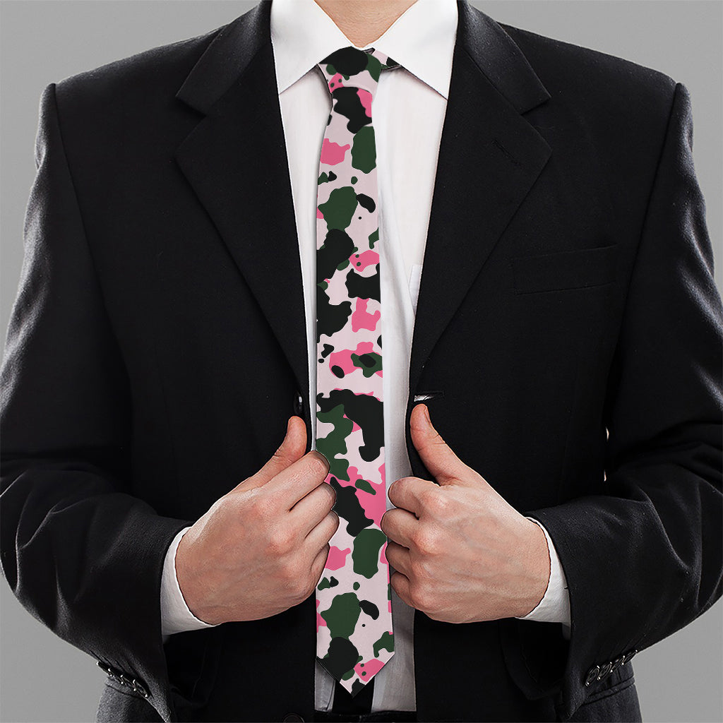 Pink Green And Black Camouflage Print Necktie