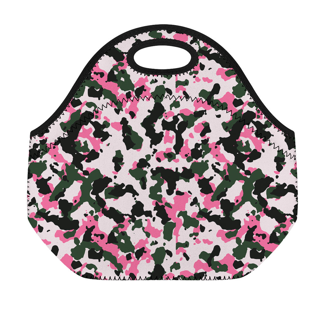 Pink Green And Black Camouflage Print Neoprene Lunch Bag