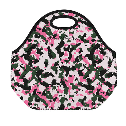Pink Green And Black Camouflage Print Neoprene Lunch Bag