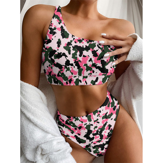 Pink Green And Black Camouflage Print One Shoulder Bikini Top