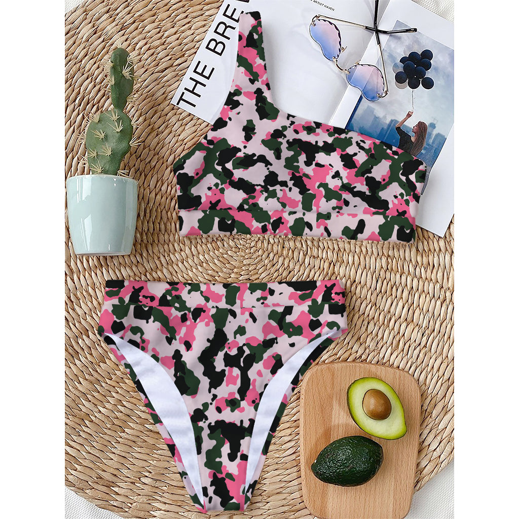 Pink Green And Black Camouflage Print One Shoulder Bikini Top