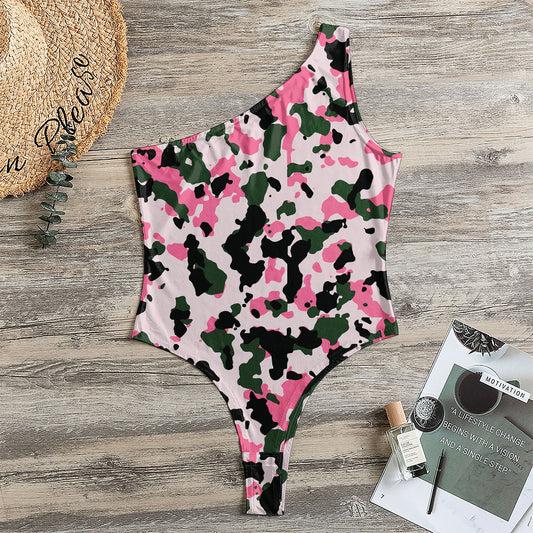 Pink Green And Black Camouflage Print One Shoulder Bodysuit