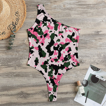 Pink Green And Black Camouflage Print One Shoulder Bodysuit