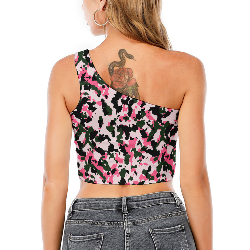 Pink Green And Black Camouflage Print One Shoulder Crop Top