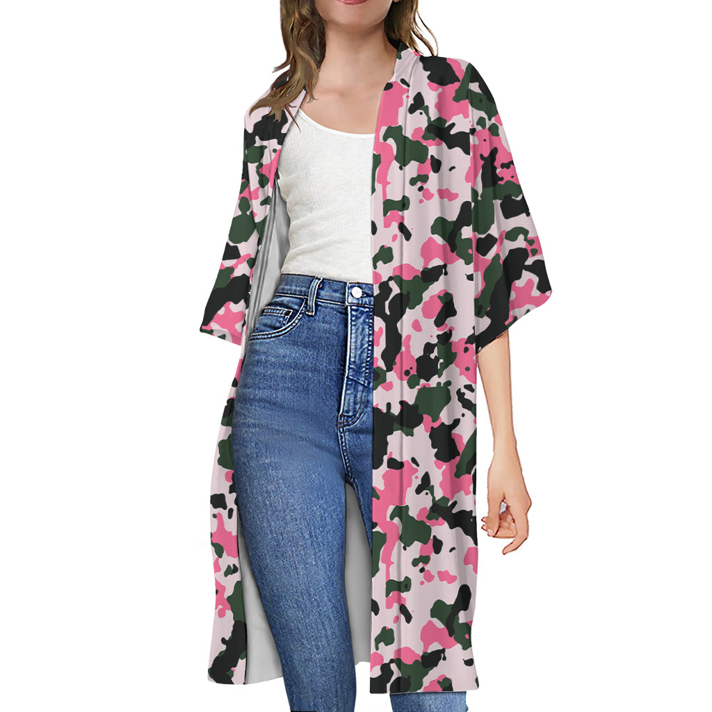 Pink Green And Black Camouflage Print Open Front Beach Cover Up