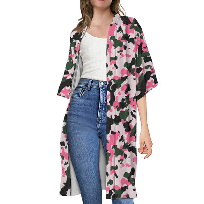 Pink Green And Black Camouflage Print Open Front Beach Cover Up
