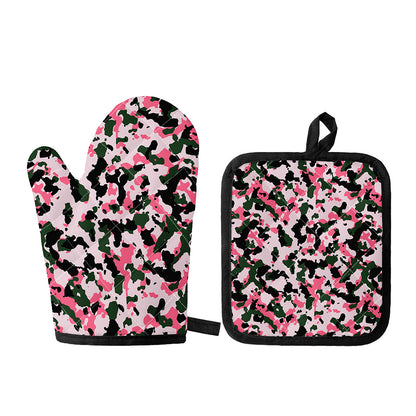 Pink Green And Black Camouflage Print Oven Mitt And Pot Holder Set