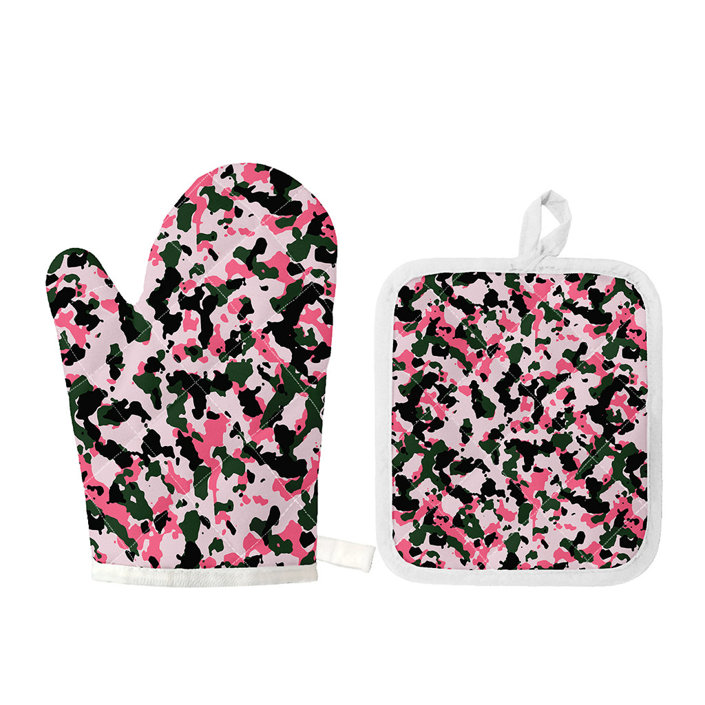 Pink Green And Black Camouflage Print Oven Mitt And Pot Holder Set