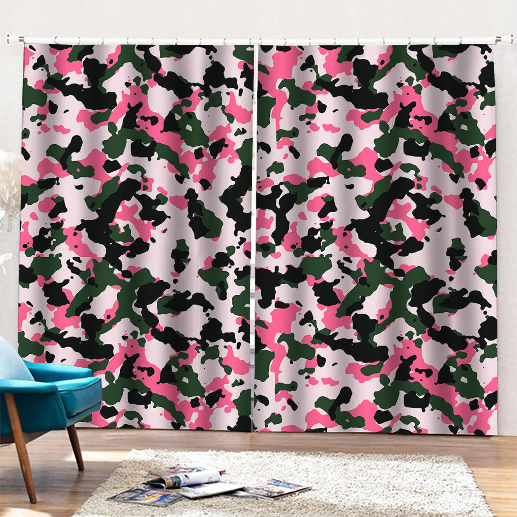Pink Green And Black Camouflage Print Pencil Pleat Curtains