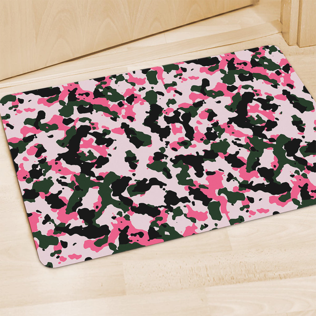 Pink Green And Black Camouflage Print Polyester Doormat