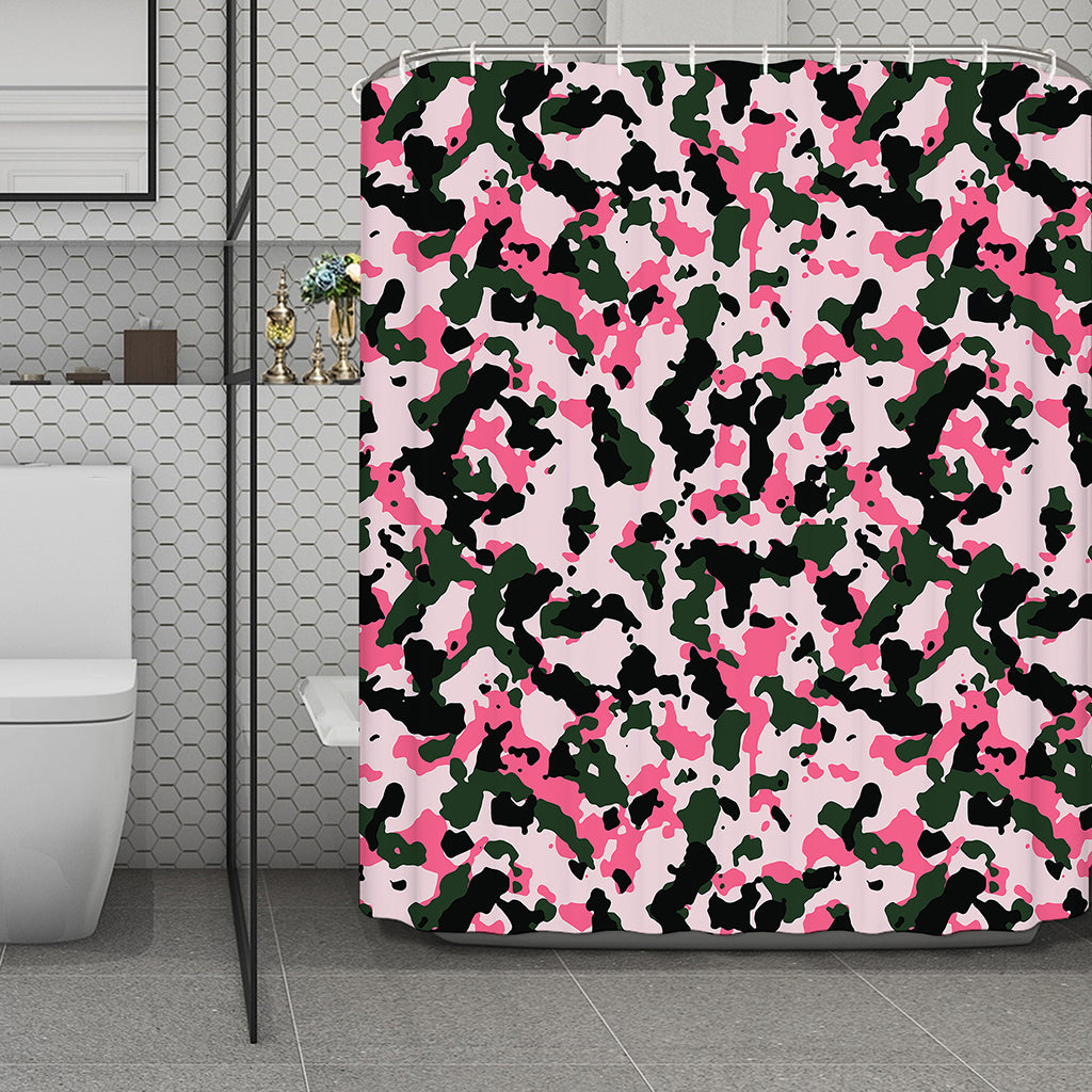 Pink Green And Black Camouflage Print Polyester Shower Curtain