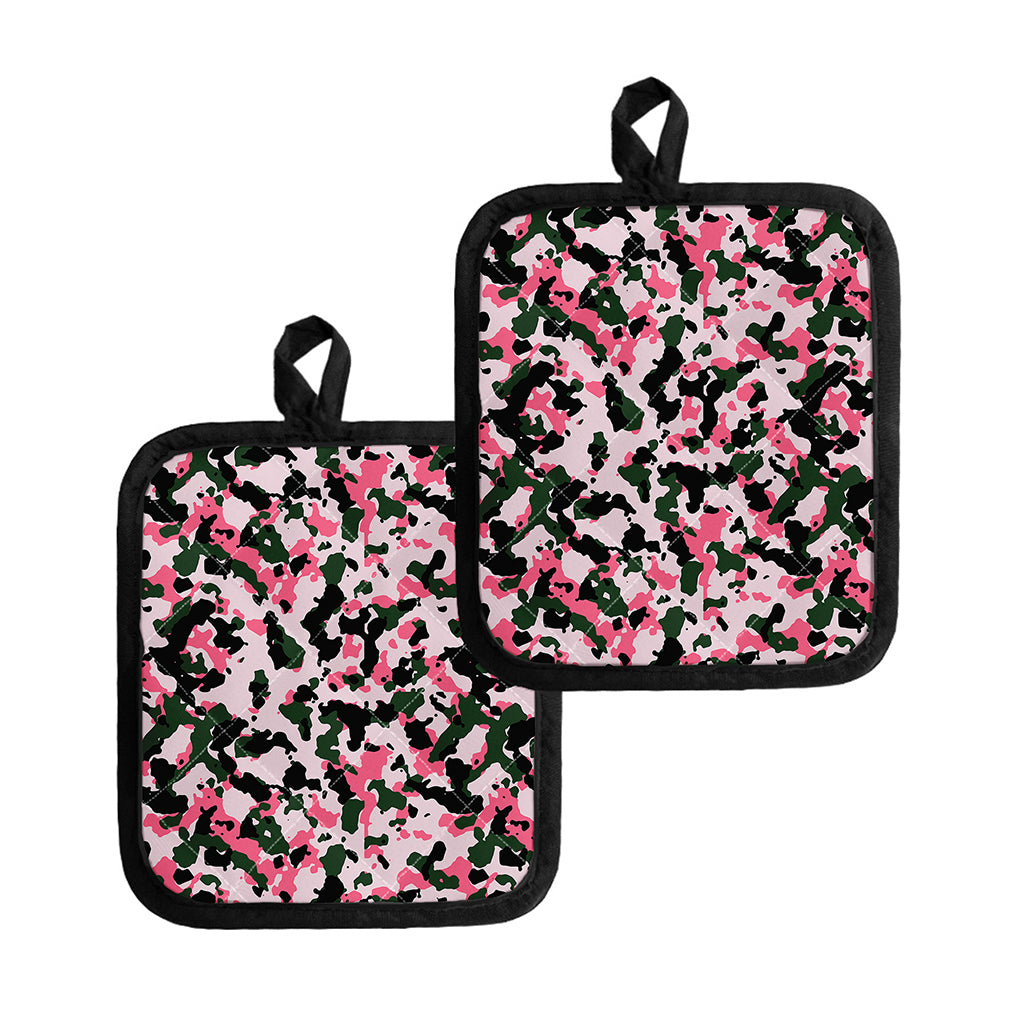 Pink Green And Black Camouflage Print Pot Holders