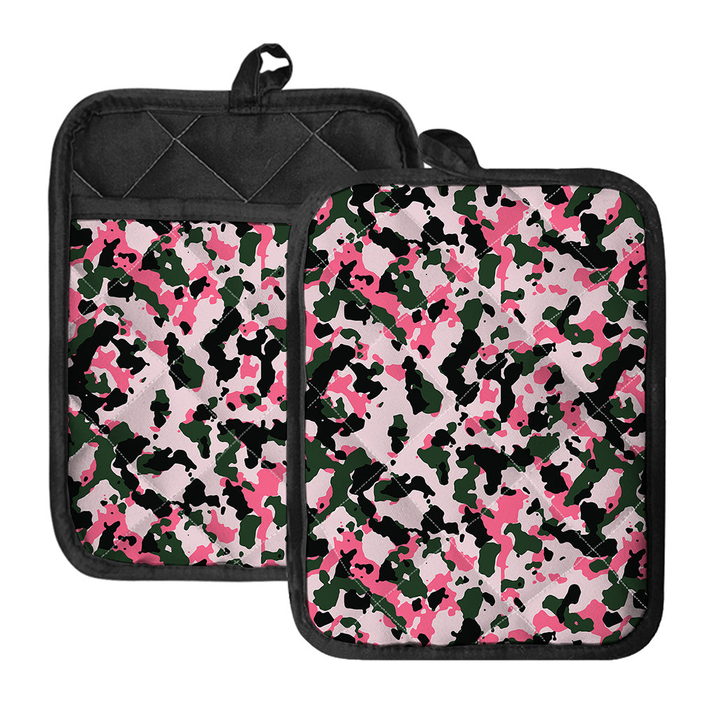 Pink Green And Black Camouflage Print Pot Holders With Pocket