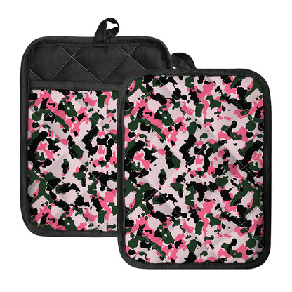Pink Green And Black Camouflage Print Pot Holders With Pocket