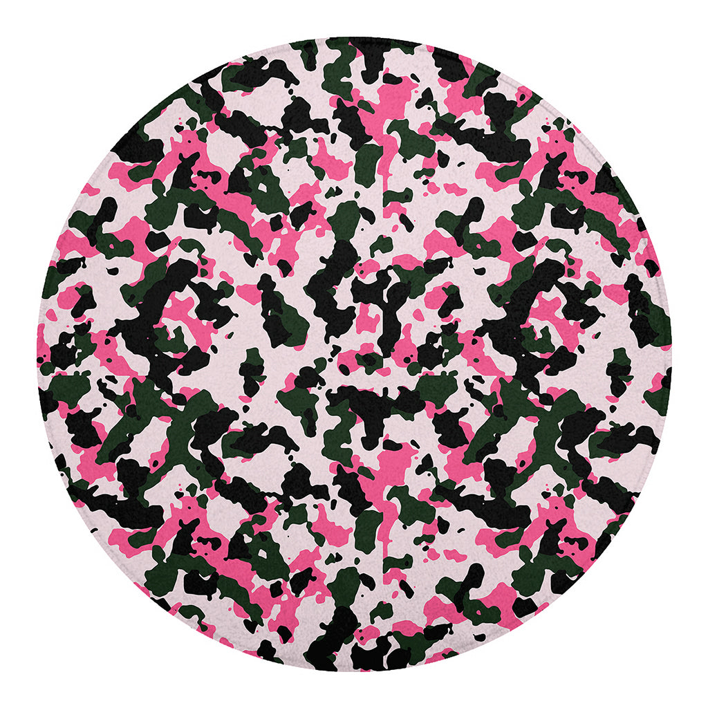 Pink Green And Black Camouflage Print Round Blanket