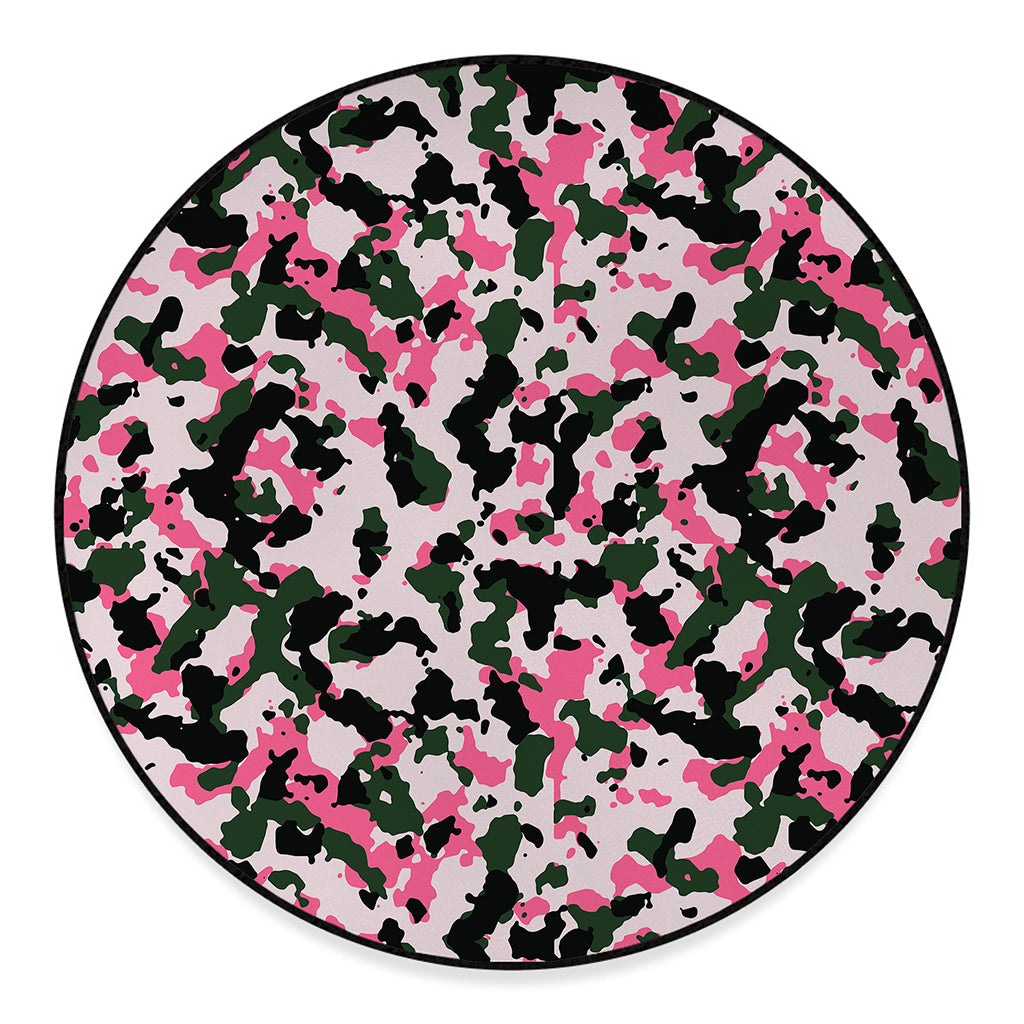 Pink Green And Black Camouflage Print Round Floor Mat