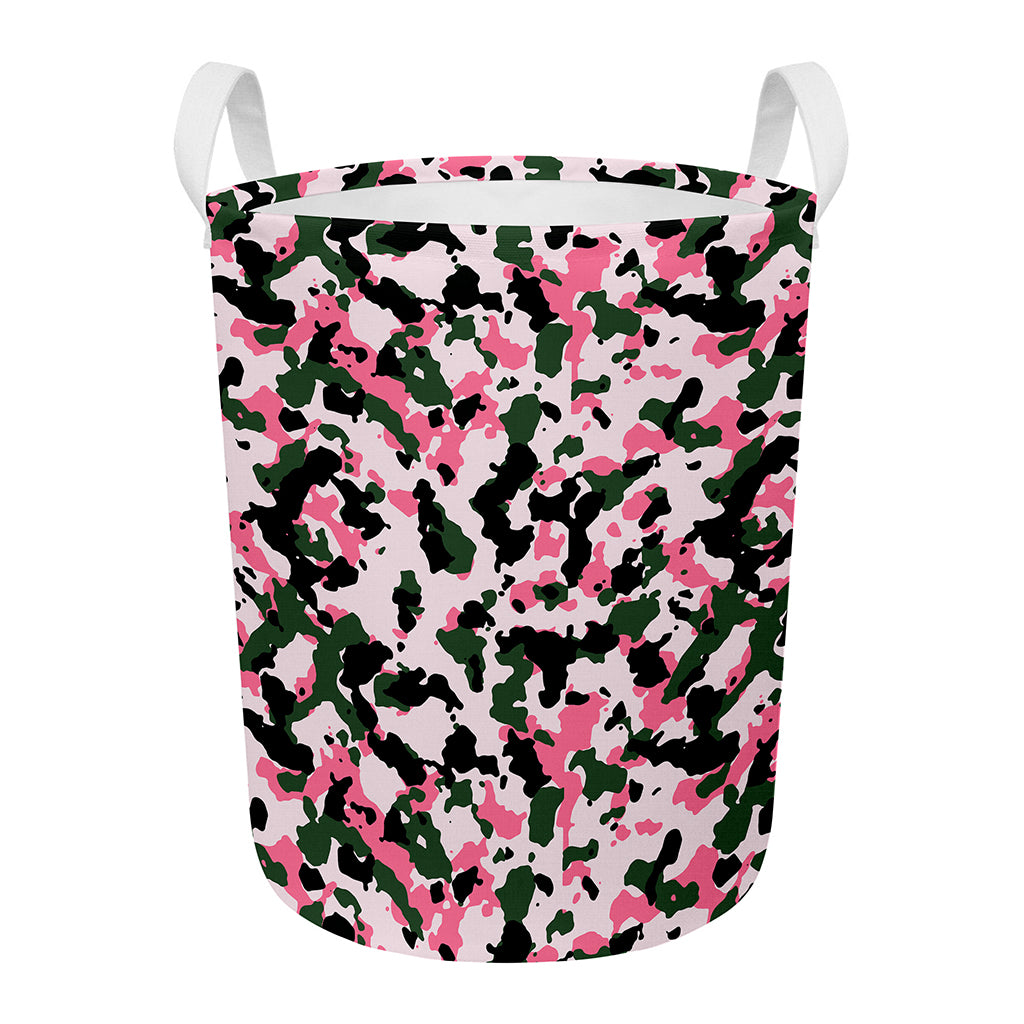 Pink Green And Black Camouflage Print Round Laundry Basket