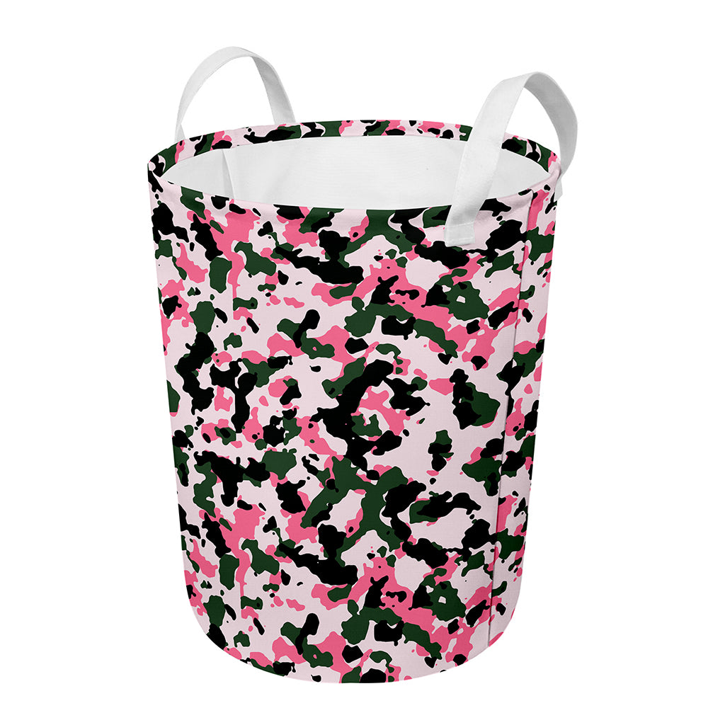 Pink Green And Black Camouflage Print Round Laundry Basket