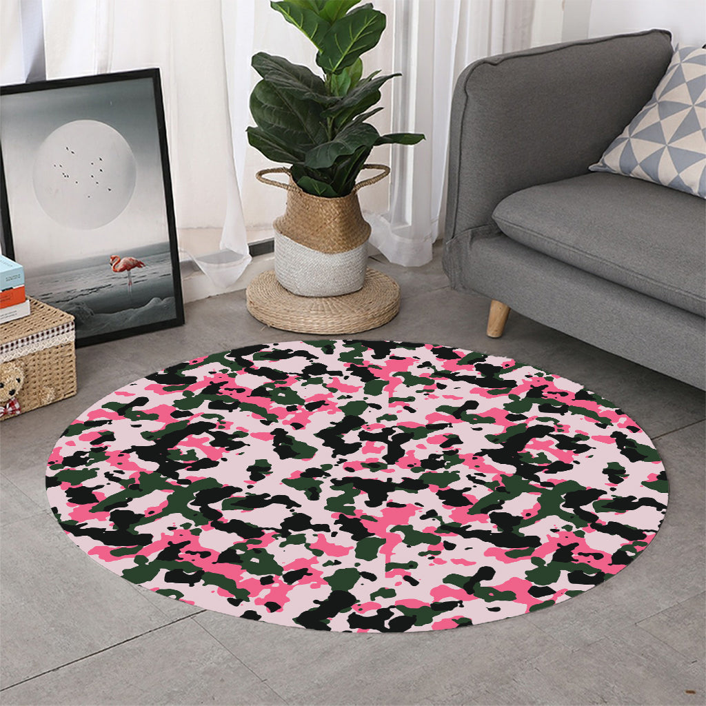 Pink Green And Black Camouflage Print Round Rug