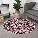 Pink Green And Black Camouflage Print Round Rug