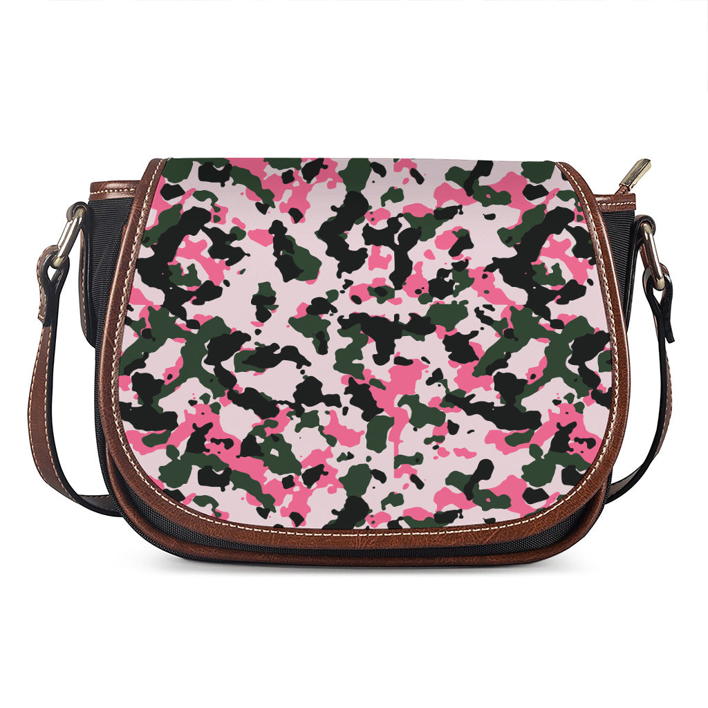 Pink Green And Black Camouflage Print Saddle Bag