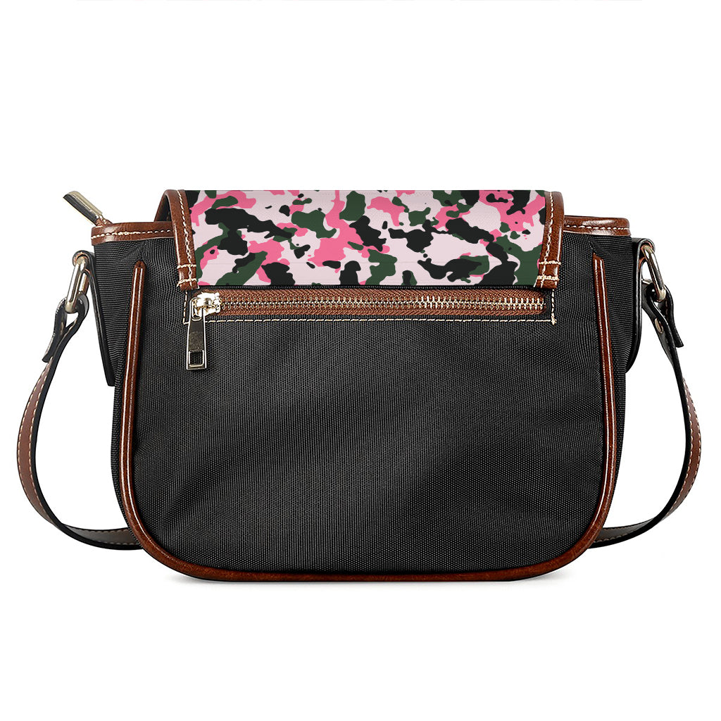 Pink Green And Black Camouflage Print Saddle Bag