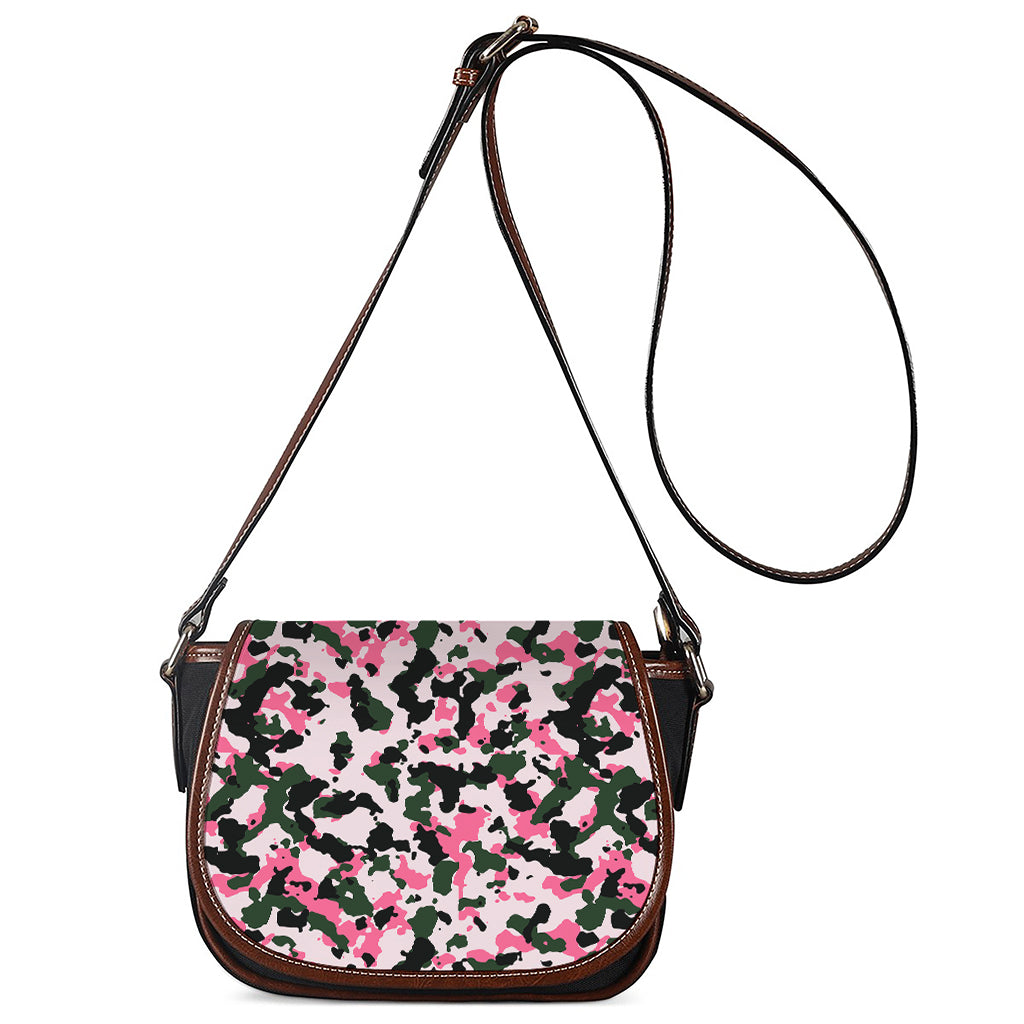 Pink Green And Black Camouflage Print Saddle Bag