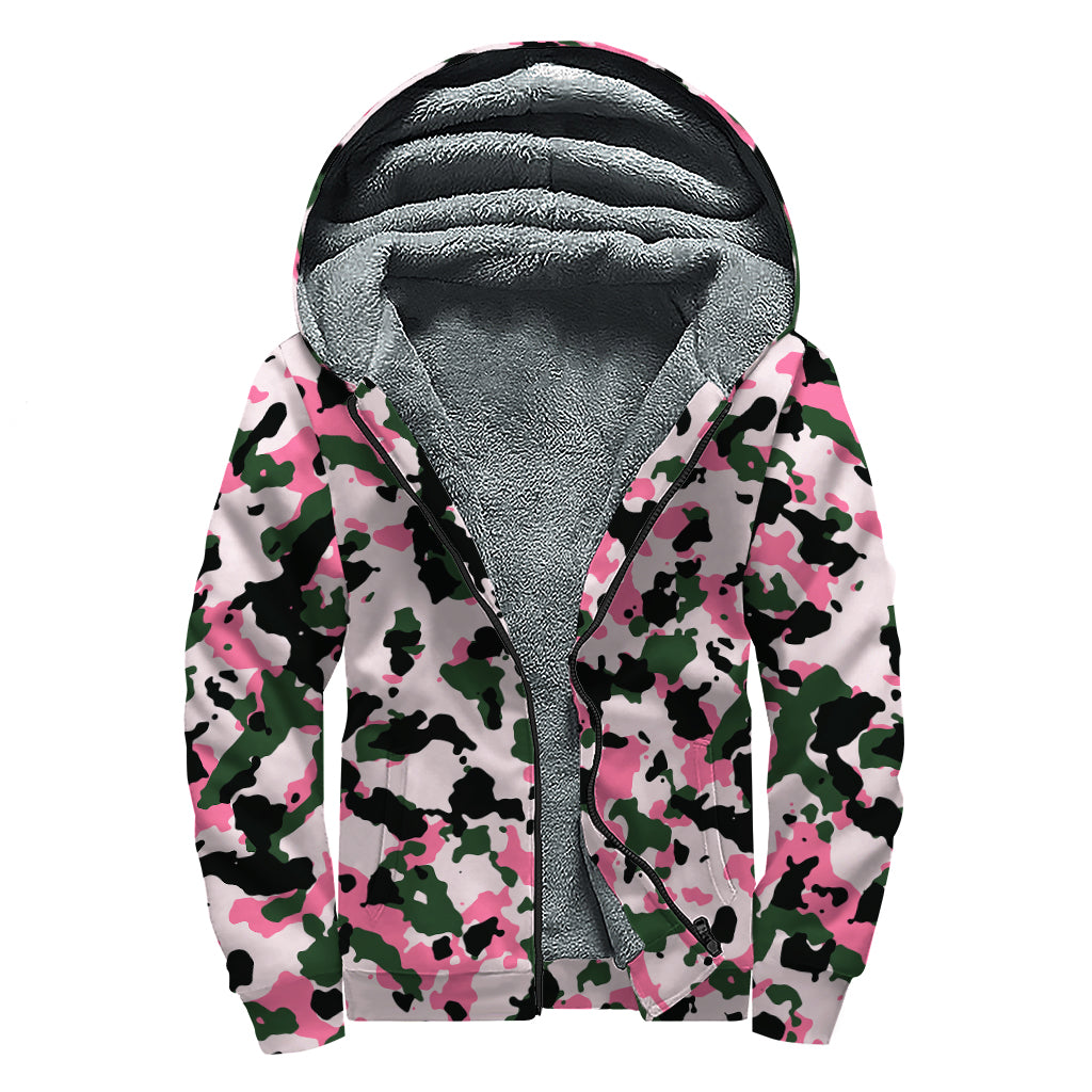 Pink Green And Black Camouflage Print Sherpa Lined Zip Up Hoodie