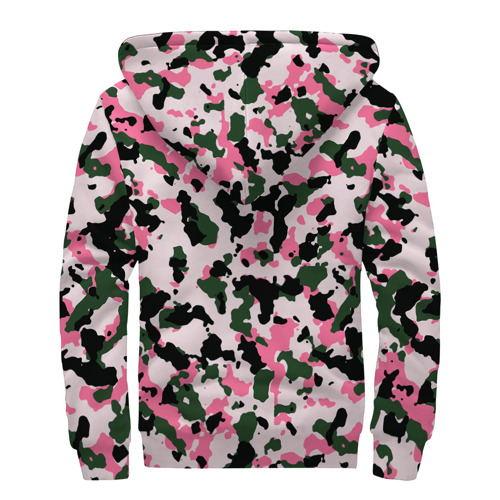 Pink Green And Black Camouflage Print Sherpa Lined Zip Up Hoodie