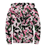 Pink Green And Black Camouflage Print Sherpa Lined Zip Up Hoodie