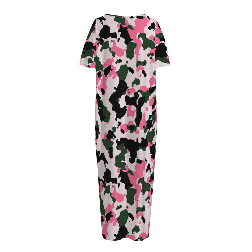 Pink Green And Black Camouflage Print Short Sleeve Long Nightdress