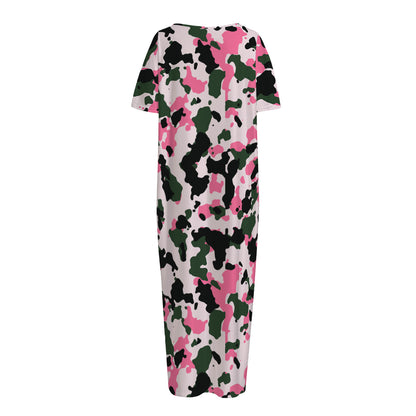 Pink Green And Black Camouflage Print Short Sleeve Long Nightdress