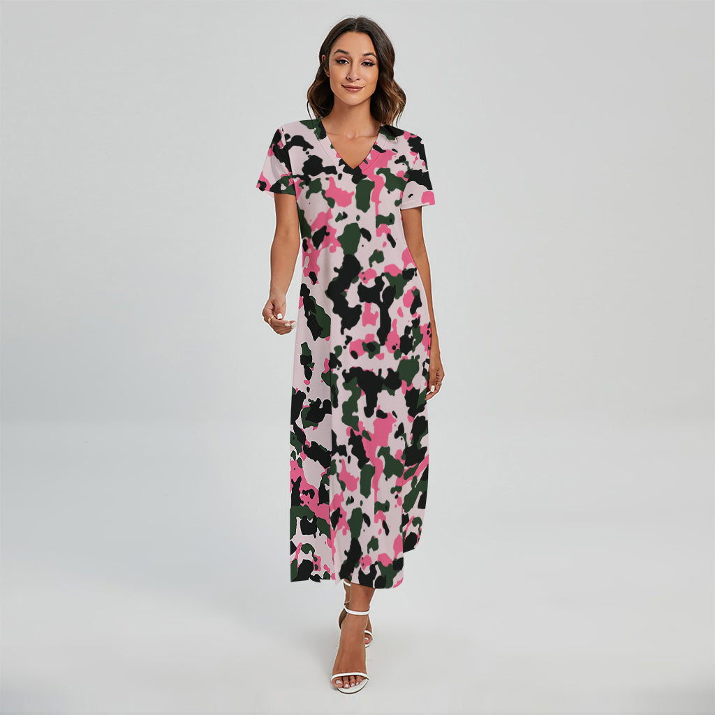 Pink Green And Black Camouflage Print Short Sleeve Maxi Dress
