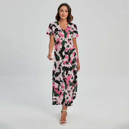 Pink Green And Black Camouflage Print Short Sleeve Maxi Dress