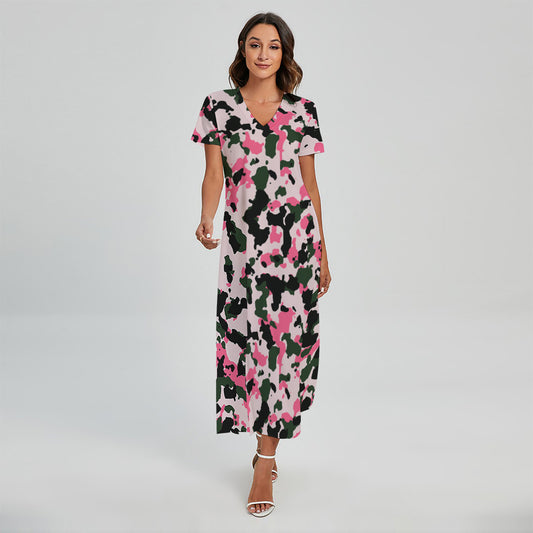 Pink Green And Black Camouflage Print Short Sleeve Maxi Dress