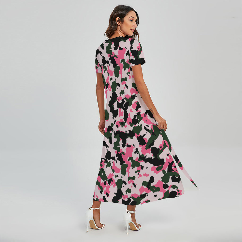 Pink Green And Black Camouflage Print Short Sleeve Maxi Dress