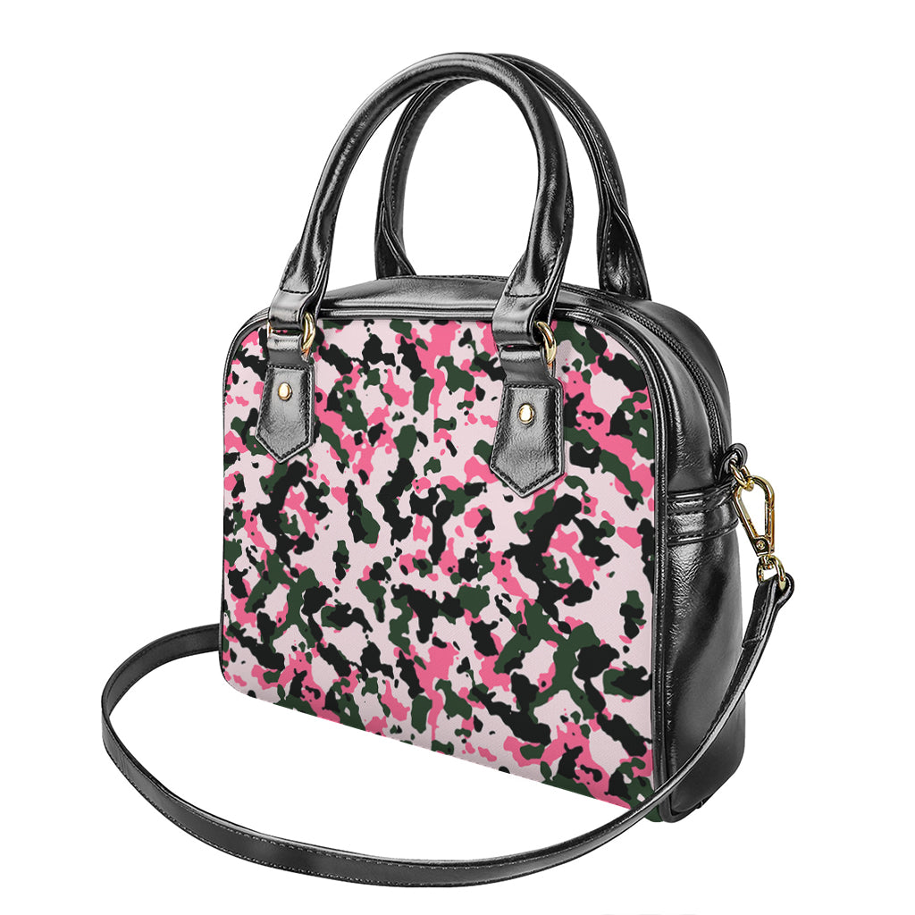 Pink Green And Black Camouflage Print Shoulder Handbag