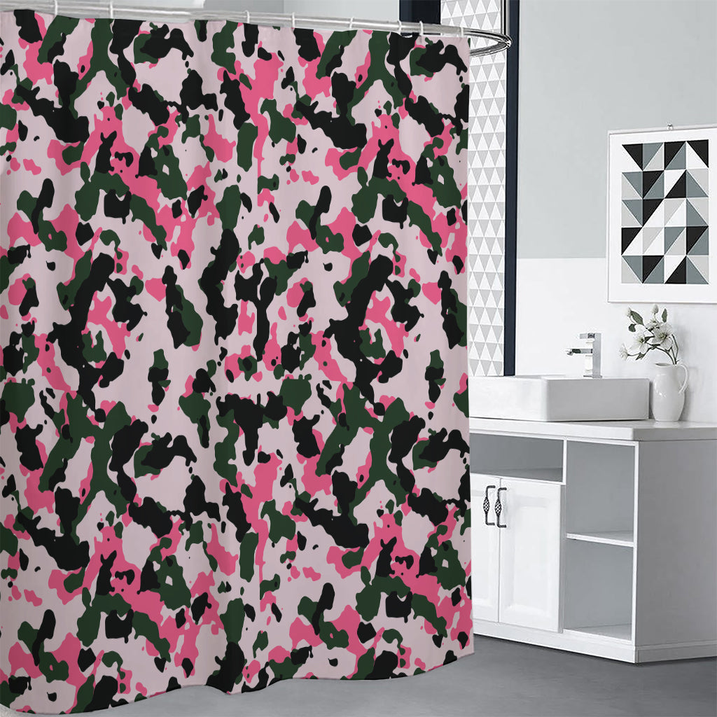 Pink Green And Black Camouflage Print Shower Curtain