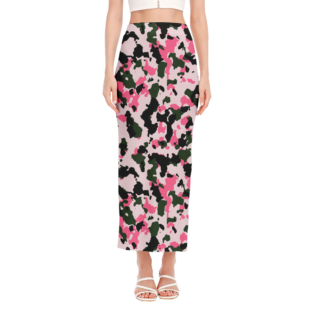 Pink Green And Black Camouflage Print Side Slit Maxi Skirt