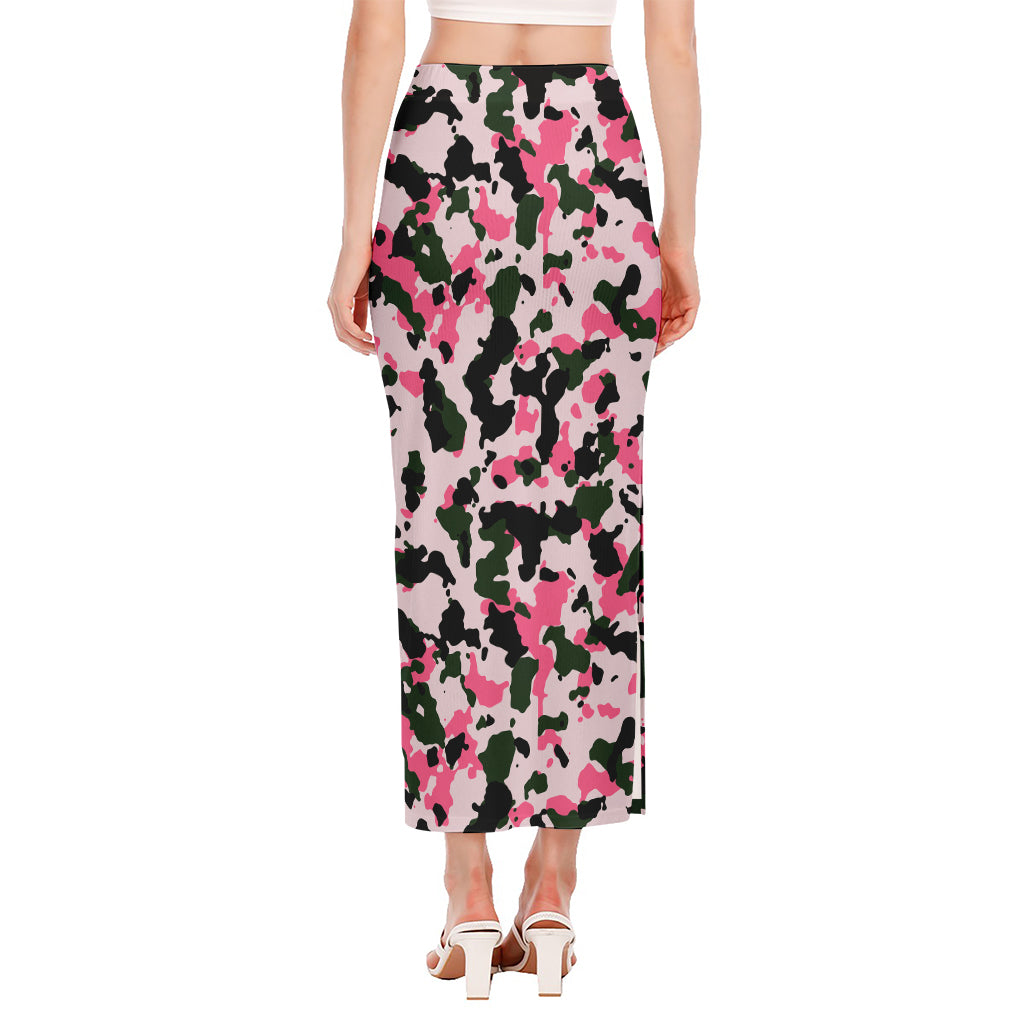 Pink Green And Black Camouflage Print Side Slit Maxi Skirt