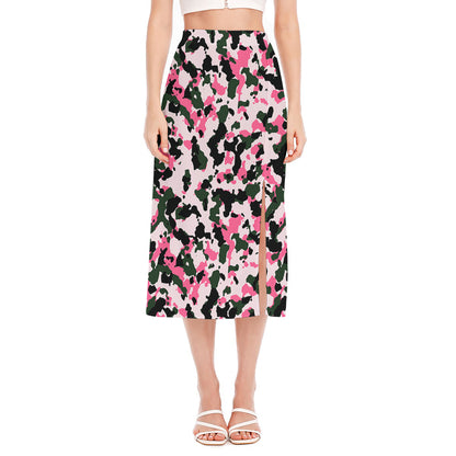 Pink Green And Black Camouflage Print Side Slit Midi Skirt