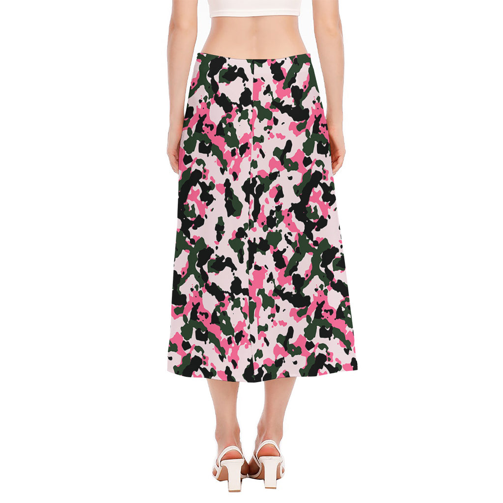 Pink Green And Black Camouflage Print Side Slit Midi Skirt