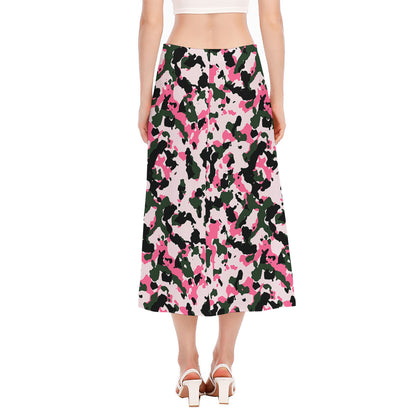 Pink Green And Black Camouflage Print Side Slit Midi Skirt