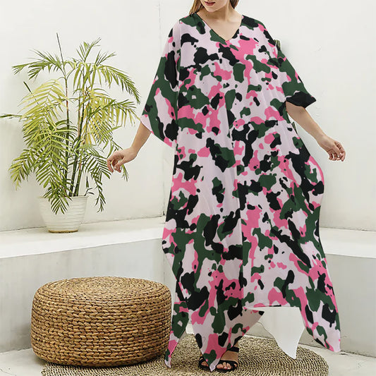 Pink Green And Black Camouflage Print Silk V-Neck Kaftan Dress