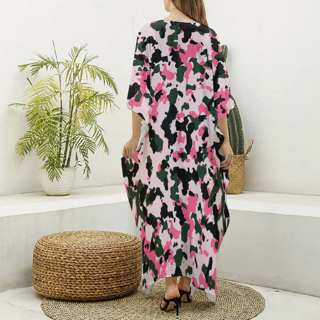Pink Green And Black Camouflage Print Silk V-Neck Kaftan Dress