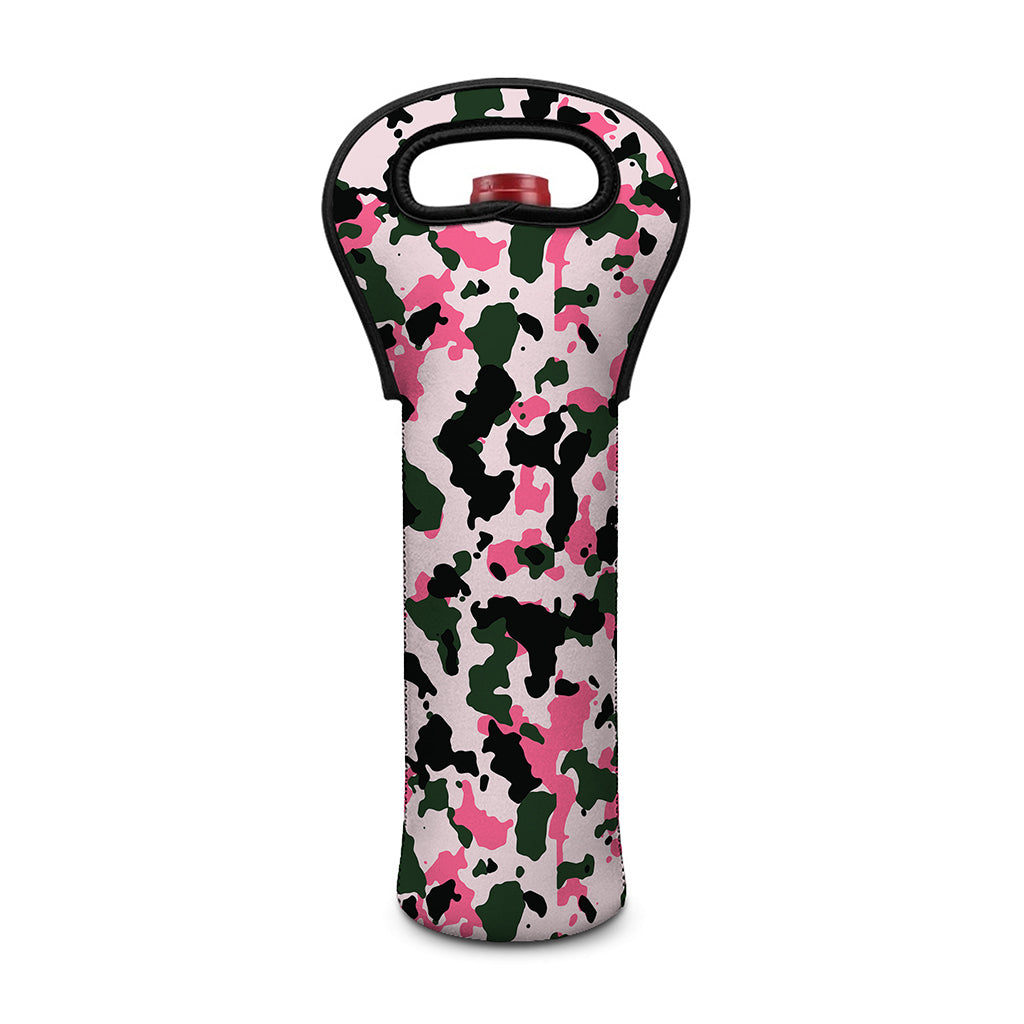 Pink Green And Black Camouflage Print Single Neoprene Wine Tote