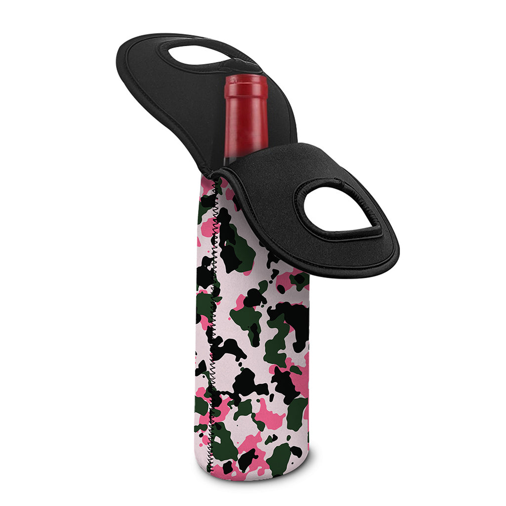 Pink Green And Black Camouflage Print Single Neoprene Wine Tote