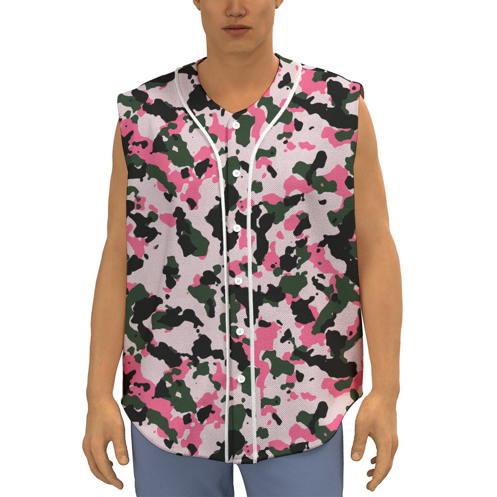 Pink Green And Black Camouflage Print Sleeveless Baseball Jersey