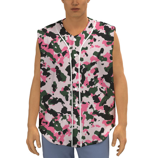 Pink Green And Black Camouflage Print Sleeveless Baseball Jersey